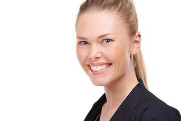 Image showing Portrait, smile and space with a business woman in studio isolated on a white background for work. Face, mockup and a happy young corporate employee looking confident as a professional in her career