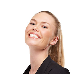 Image showing Portrait, smile and confidence with a business woman in studio isolated on a white background for work. Face, management and a happy human resources employee looking confident as a professional