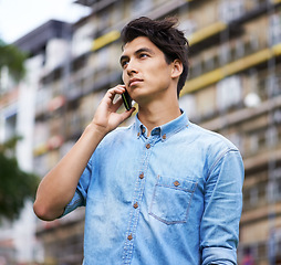 Image showing Man, phone call and communication in city outdoors, contact and networking or conversation on mobile. Filipino male person, technology and discussion or chatting, talk and smartphone or urban town