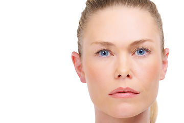 Image showing Portrait, beauty and space with a woman in studio isolated on a white background for natural skincare. Face, aesthetic and a serious young model on mockup for marketing or advertising spa treatment