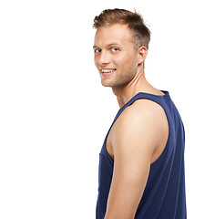 Image showing Portrait, smile and fashion with a man in studio isolated on a white background to wear a tank top. Relax, casual and a happy young model in a trendy or comfortable clothes outfit with mockup space