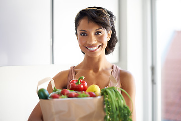 Image showing Happy woman, portrait and shopping bag in kitchen with groceries, vegetables or fresh produce at home. Female person, shopper or vegan smile with food from grocery for salad or healthy diet at house