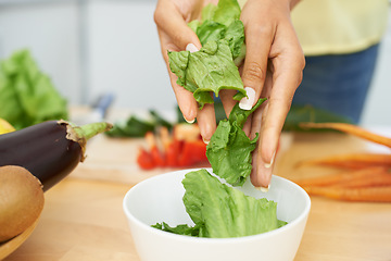 Image showing Closeup, hands and woman with salad, bowl and nutrition with wellness, lettuce and ingredients. Person, kitchen or girl with vegetables, home or food with lunch, breakfast or natural plant based diet