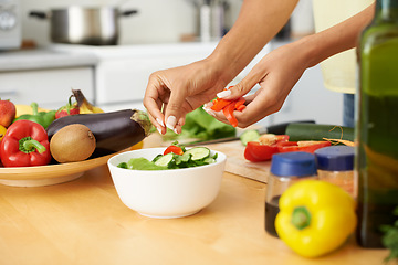 Image showing Hands, cooking and salad with a person in the kitchen of a home closeup for health, diet or nutrition. Food, bowl and ingredients for a vegetarian meal with an adult in an apartment for dinner