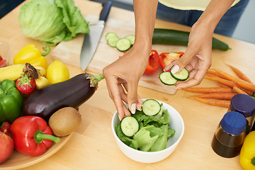 Image showing Hands, salad and a person cooking from above in the kitchen of a home for health, diet or nutrition. Food, recipe and ingredients in a bowl with an adult in an apartment for a vegetarian meal closeup