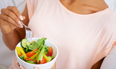 Image showing Nutrition, health and closeup of woman with a salad at home with vegetables for wellness, organic or diet. Food, vitamins and zoom of female person from Mexico eating healthy meal with produce.