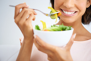 Image showing Smile, health and closeup of woman with salad in studio with vegetables for wellness, organic or diet. Happy, nutrition and zoom of female person eating healthy meal with produce by white background.