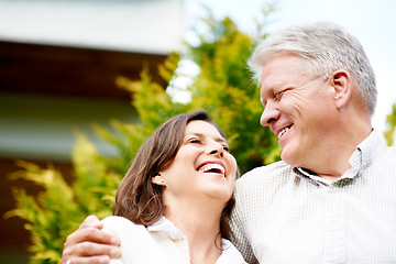 Image showing Senior couple, laugh and happiness with embrace, marriage and smile, outdoor and summer. Retirement, elderly or love for commitment, bonding together or care for romantic relationship, man or woman