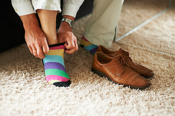 Image showing Man getting ready, shoes and socks on carpet in home, putting on business fashion and start to day. Businessman dressing for work in morning, feet on floor with style and wardrobe for office career.