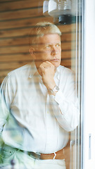 Image showing Mature man at window, thinking and sad in home with doubt, anxiety for decision and lonely memory. Stress, worry and worried senior person with insight, reflection and ideas for retirement in bedroom