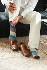 Image showing Businessman getting ready, shoes and socks on carpet in home, putting on business fashion and start to day. Man dressing for work in morning, feet on floor with style and wardrobe for office career.