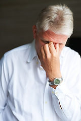 Image showing Mature man with mental health, thinking and stress in home with doubt, anxiety for decision and lonely memory. Sad, frustrated and worried senior person with insight, reflection or retirement fatigue