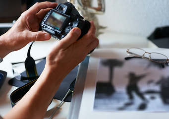 Image showing Camera, photographer or hands of man in home with creativity in pictures or photo in Italy. Photography, journalist or closeup of traveler with art after photoshoot production for nostalgia or memory