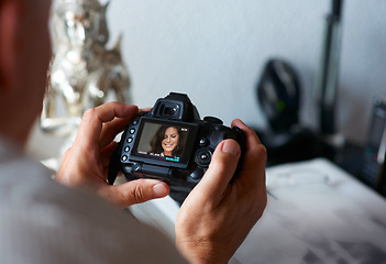 Image showing Camera, person or hands of photographer in home with creativity in pictures or photo in Italy. Photography, screen or closeup of man with art after photoshoot production for editing review or memory