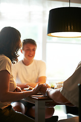 Image showing Holding hands, prayer or family praying for food or support at a dinner table with child, dad or mom. Solidarity, God or spiritual people eating lunch with faith, hope or gratitude in Christian home