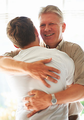 Image showing Grandparent, teenager and hug with smile, happy and embrace with love, grandchild and home. Senior man, support or bonding together for relationship, family and retired with boy, house or grandfather