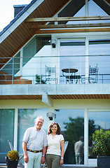 Image showing Senior couple, smile and hand holding in holiday home, vacation and retired in outdoor, happiness and married. House, real estate or retirement for break, man and woman for bonding, elderly and love