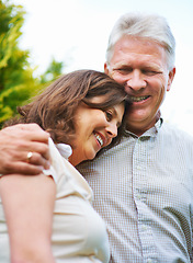 Image showing Senior couple, happy and hug with outdoor and marriage with embrace, outdoor and retired. Retirement, elderly or love for commitment, bonding together or care for romantic relationship, man or woman