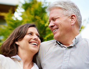 Image showing Senior couple, happy and smiling in outdoor, marriage and embrace, laugh and retired. Retirement, elderly and love for commitment, bonding together or care for romantic relationship, man and woman