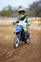 Image showing Sports, sand and motorbike for action, challenge or competition with power and fitness. Speed, performance and desert with bike for race or adventure in outdoor with freedom or fearless driving.