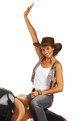 Image showing Woman, sitting and hands up on rodeo bull machine for cowboy, western fashion portrait and studio mockup. Workout, athlete and smile face for wellness, health body and texas sport by white background