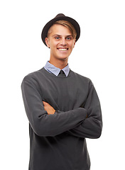 Image showing Portrait, man and hipster with arms crossed, smile and employee isolated on white studio background. Face, person and model with formal clothes, hat and stylish outfit with cheerful, joy or happiness