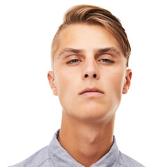Image showing Portrait, handsome and a man with a headshot on a white background as serious, mean or confident. Face, young and a guy or person on a studio backdrop for cool, attitude or looking with a stare