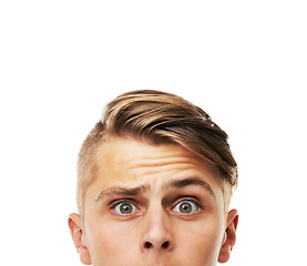 Image showing Question, why and thinking face of confused man with doubt in problem solving in white background. Closeup, portrait and person with doubt for decision, ideas and emoji of surprise in studio mockup