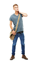 Image showing Thinking, student and a man on a white background for education, learning or knowledge. Fashion, young person or a guy planning for college, university or scholarship studying on a studio backdrop