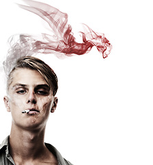 Image showing Smoking graphic, portrait and a man on a white background to show cigarette danger. Bad, unhealthy and a guy or person with an illustration for the effect, addiction or habit of tobacco on health