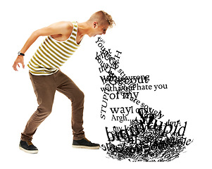 Image showing Angry, white background and a man with negative words for depression, mental health or anxiety. Sad, frustrated and a person speaking with anger, verbal abuse or vomiting hate speech in a studio