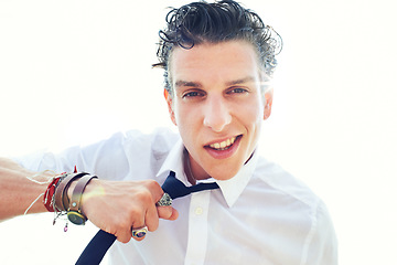 Image showing Portrait, man and energy with necktie, smile and punk isolated on a white studio background. Face, person and model with jewelry, fashion and stylish clothes with edgy outfit, trendy and fun