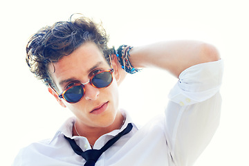 Image showing Portrait of man with fashion, sunglasses and confidence on white background with attractive young person. Cool style, modern creative pun and face of handsome male model with summer rebel attitude.