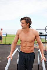 Image showing Man, thinking and fitness or exercise, planning and vision for performance, workout and training. Male athlete, strategy and inspiration for health, body building and shirtless by outdoor equipment