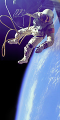 Image showing Astronaut, person in outer space and Earth, universe and aerospace with cable, engineering and galaxy exploration. Universe, globe and planet with mission, cosmos and floating in no gravity in suit