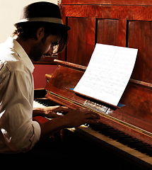 Image showing Profile, music notes and man with piano, artist and keyboard with sound, audio and entertainment with performance. Person, paper and musician with jazz, performer and practice with creativity