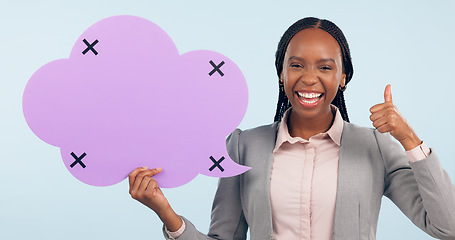 Image showing Speech bubble, business feedback and black woman with thumbs up in portrait, tracking marker and communication. Yes, like and review with quote, FAQ and social media in studio on blue background