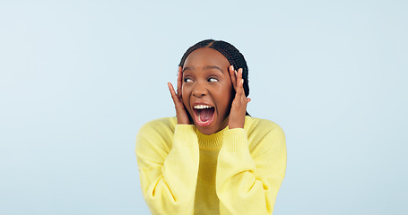 Image showing Wow, surprise and mind blown with a black woman in studio on a gray background to hear good news. Emoji, announcement and expression with a happy young person looking shocked by a promo or bonus