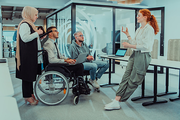 Image showing Young group of business people brainstorming together in a startup space, discussing business projects, investments, and solving challenges.