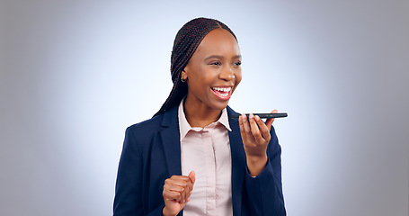 Image showing Business woman, phone call and voice with speaker in studio for translation app, sound and contact on grey background. Happy african worker, communication and talk on mobile microphone for audio chat