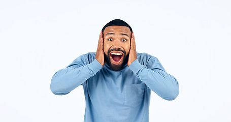 Image showing News, announcement and portrait of man with surprise in studio, white background or mockup space. Wow, emoji and excited or shocked person with secret, drama or hearing crazy information on promotion
