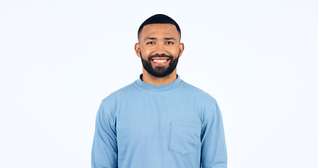 Image showing Happy, portrait and man in Brazil, studio and white background and confidence and pride in fashion. Face, smile and person with happiness, optimism and positive mindset with style in mockup space