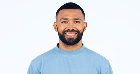 Image showing Happy, portrait and man in Brazil, studio and white background and athlete with confidence and pride. Face, smile and person with happiness, optimism and positive mindset for sports with mockup space