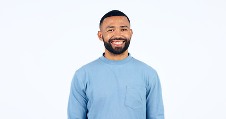 Image showing Happy, portrait and man in Brazil, studio and white background and confidence and pride in fashion. Face, smile and person with happiness, optimism and positive mindset with style in mockup space