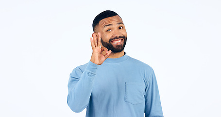 Image showing Man, portrait and OK hand sign, review or feedback with emoji, yes or like with opinion on white background. Agreement, smile and model with vote in studio, success and support with excellence