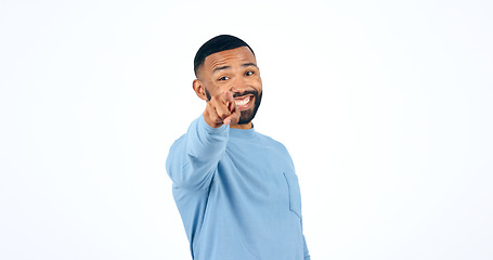 Image showing Man, choice and pointing at you, portrait with offer or opportunity, selection and gesture on white background. Decision to join us, sign up or invitation, direction and call to attention in studio