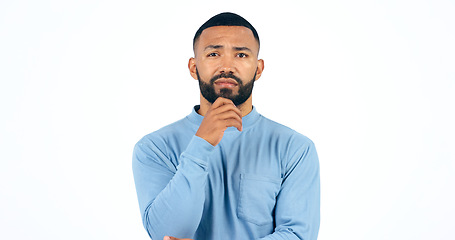 Image showing Thinking, face and confused man in studio with brainstorming, ask or guess gesture on white background. Doubt, portrait and male model with questions, why or unsure body language, emoji or solution