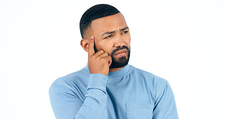 Image showing Hands, thinking and confused man in studio with brainstorming, ask or guess gesture on white background. Doubt, face and male model with questions, why or unsure body language, emoji or solution