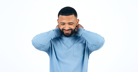 Image showing Neck pain, stress and man in studio with joint, problem or muscle tension on white background. Shoulder, injury and male model with anxiety for arthritis, fibromyalgia or osteoporosis anatomy risk