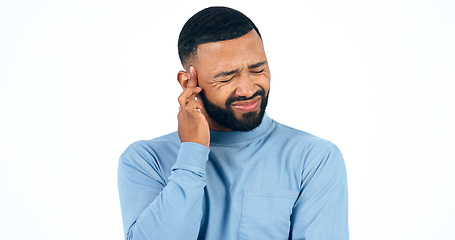 Image showing Stress, headache and man in studio with pain, pressure or vertigo on white background. Burnout, anxiety and face of male model with temple massage for brain fog, tinnitus or migraine, mistake or fail